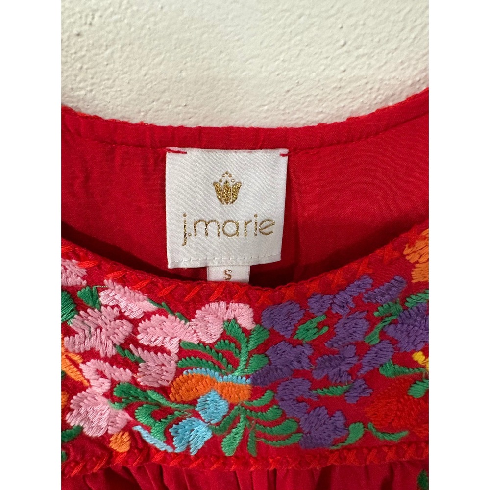 J. Marie Red Floral Embroidered Peasant Blouse Short Sleeve Boho Top Small - Picture 4 of 7